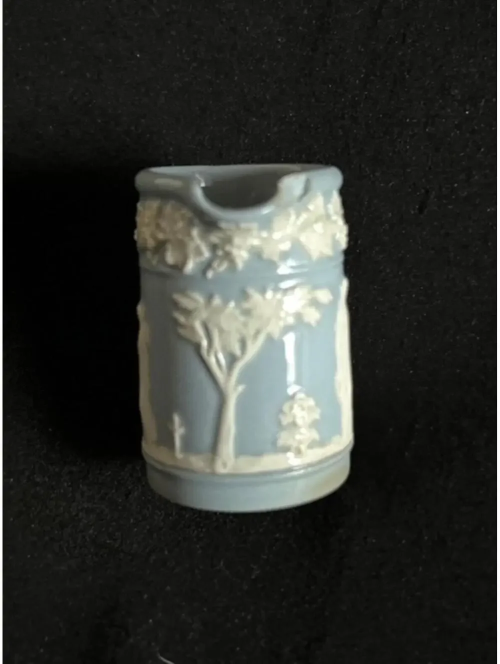 Vintage Blue Jasperware Mini Pitcher with White Relief Decoration
